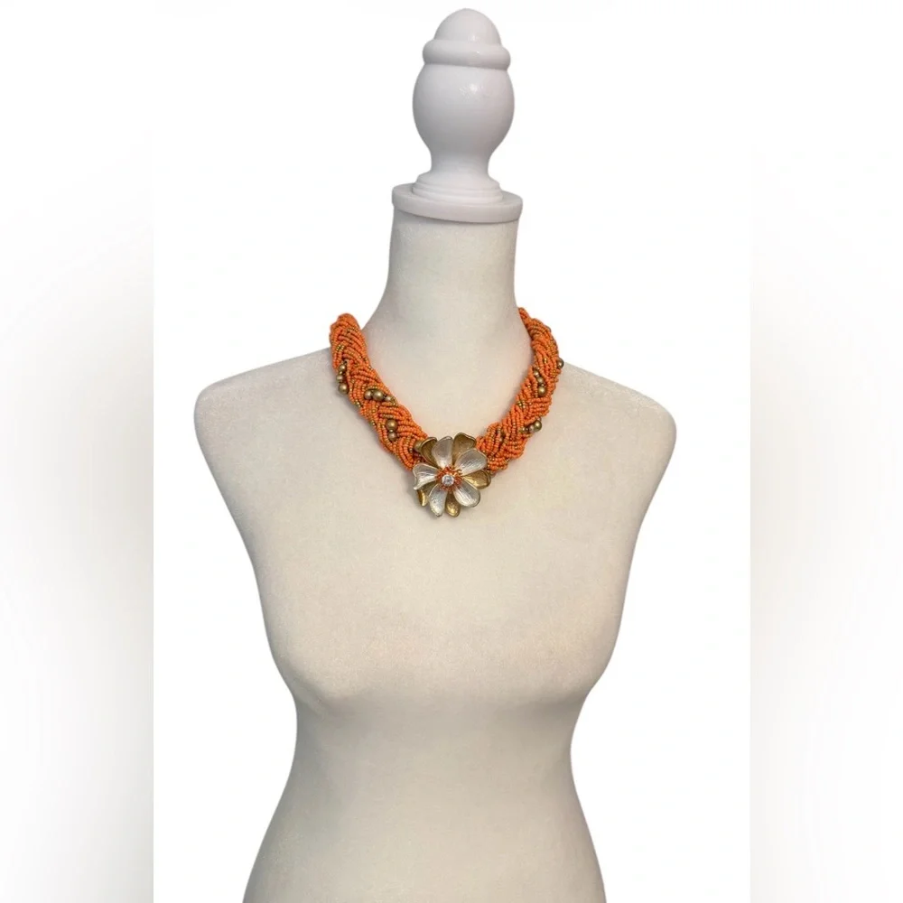 #764 Orange Beaded Statement Flower Necklace | Signed ✴️ Chunky Funky‎ & Bold ✴️